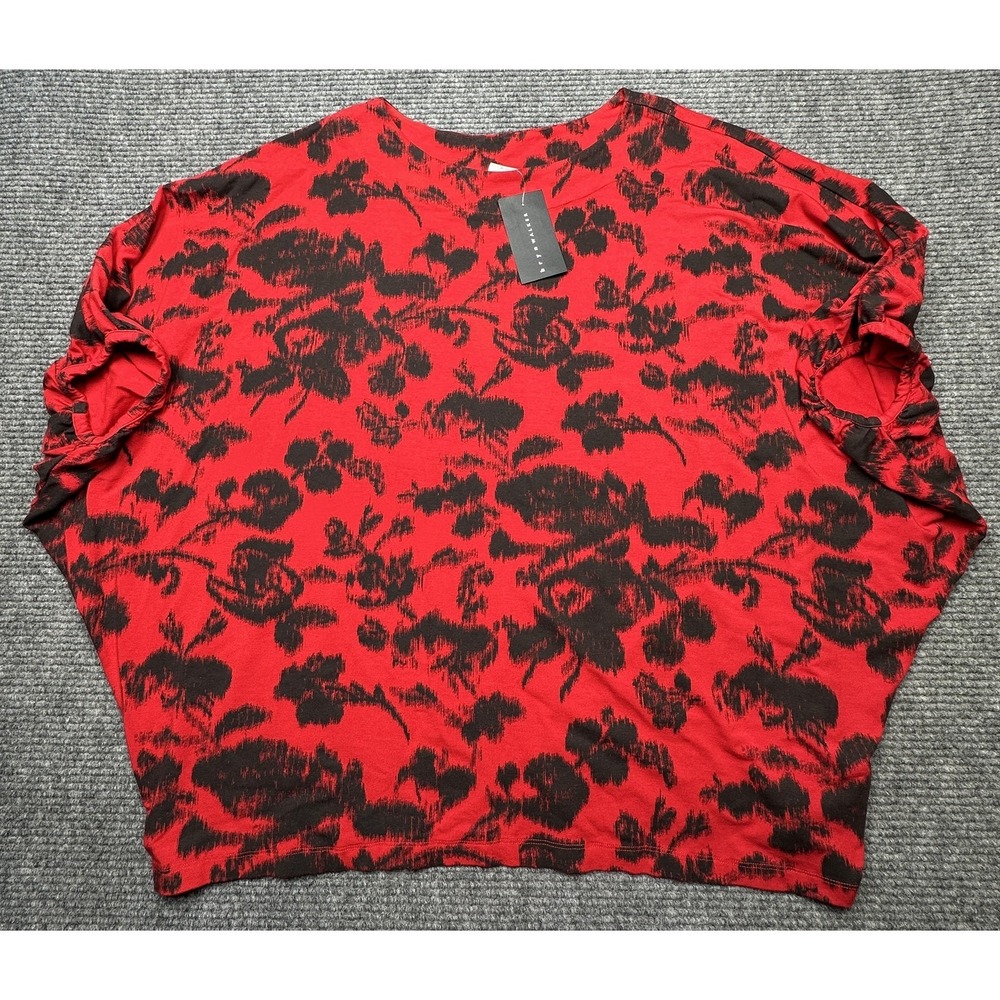 Bryn Walker Shirt Womens Large Red Black Floral Dolman Short Sleeve Made USA